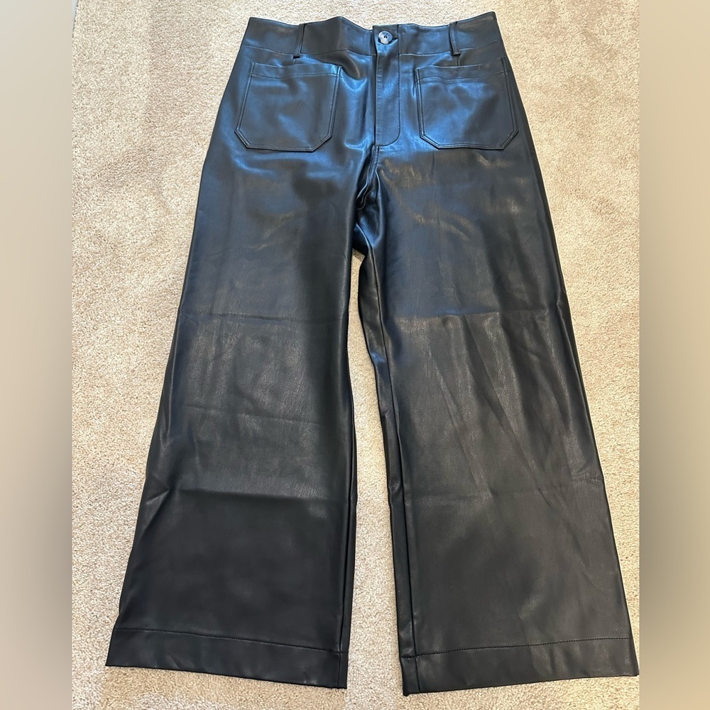 Maeve Anthropologie Black faux leather the Colette wide leg crop pants size 32